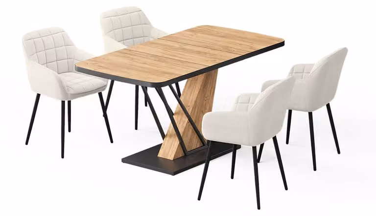 Vicco Fenaro Eettafelset met 4 eetkamerstoelen, Goudkleurig Eiken, B: 120 cm, D: 80 cm, H: 76 cm