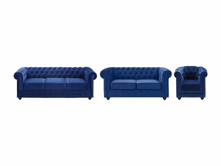 Chesterfield zitbank en fauteuil in koningsblauw velours