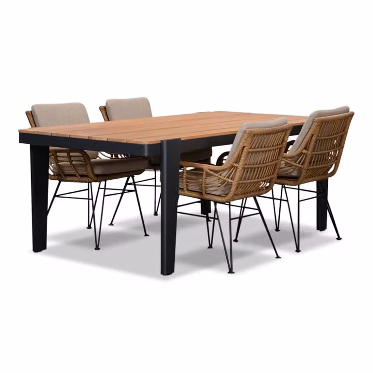 LUX outdoor living Vigo/Carlos eettafelset taupe voor 4 personen van teakhout en wicker, 200 cm