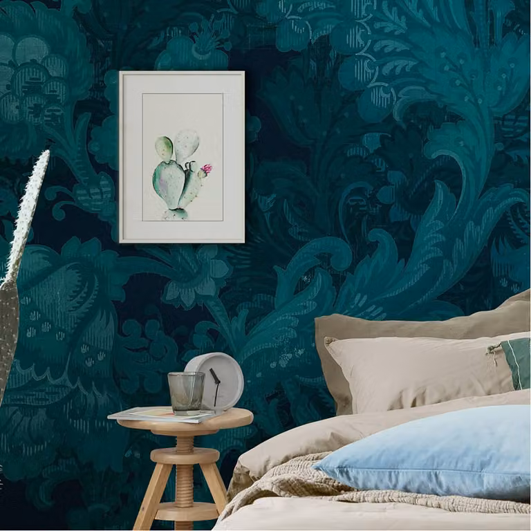 home24 Fotobehang Fleurs de Nuit, Botanisch en Modern, Blauw en Groen, Breedte: 400 cm, Hoogte: 280 cm