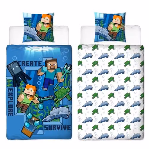 Minecraft Beddengoed Set Onderwaterwereld, Omkeerbaar, 100% Katoen, Dekbedovertrek 135 x 200 cm en Kussensloop 80 x 80 cm