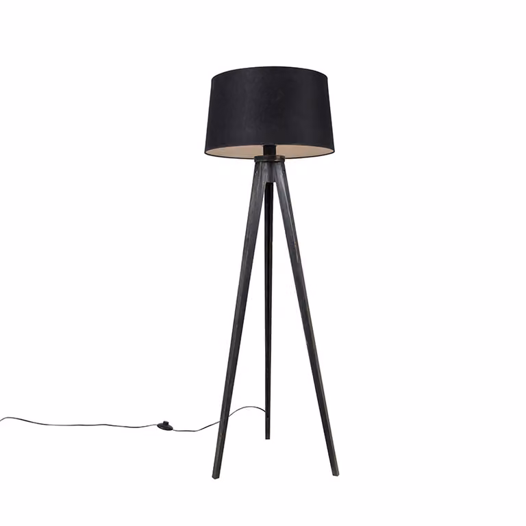 Qazqa Tripod Classic vloerlamp zwart met stoffen kap en houten details