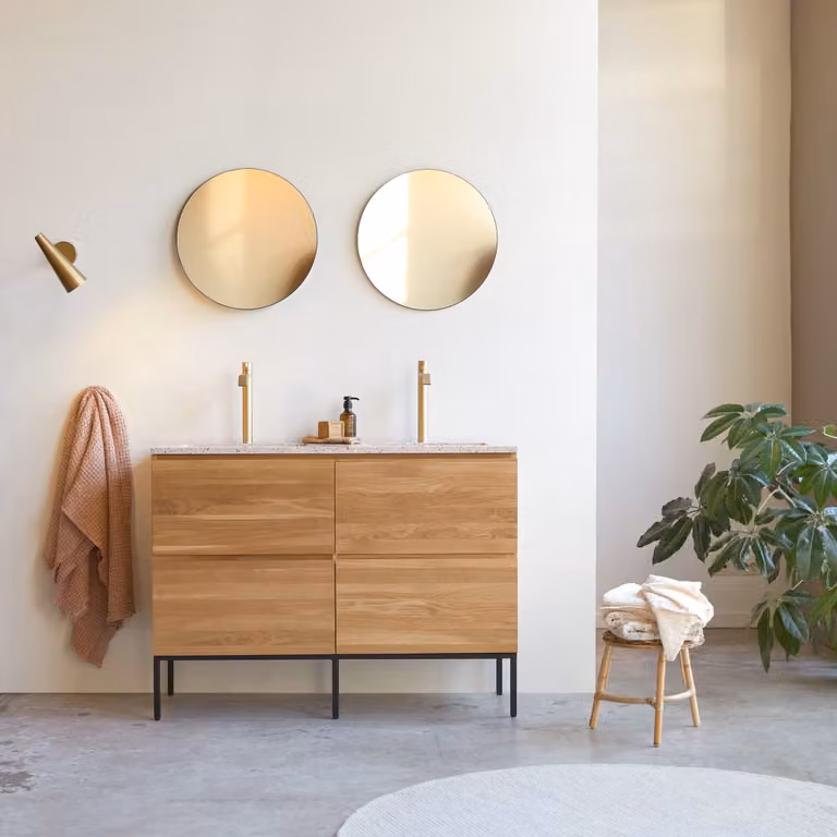 Tikamoon Nova Badkamermeubel van massief eiken en roze terrazzo, Breedte: 121 cm, Hoogte: 90 cm, Diepte: 46 cm