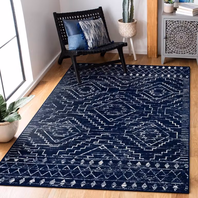 Marokkaans vloerkleed blauw met geometrisch boheems design, wasbaar en voorzien van antislip, geschikt voor slaapkamer, keuken of hal