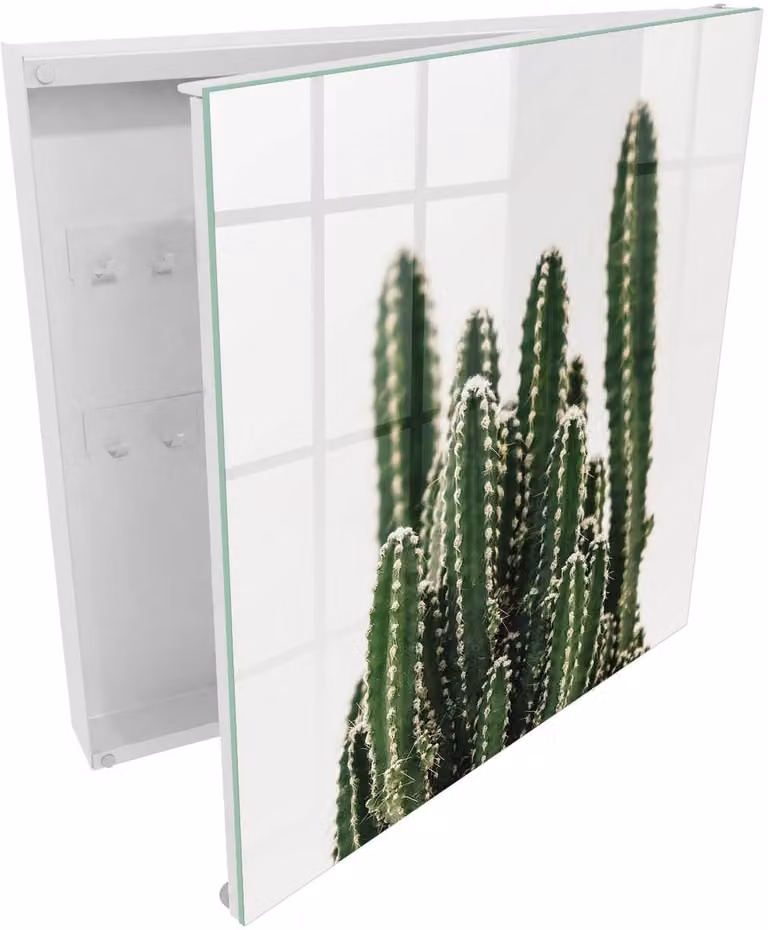 Tulup Sleutelkast met Groene Cactussen Design - Wit Interieur - B/D/H: 30 x 30 x 5 cm - Rechtsopenend met 50 haken