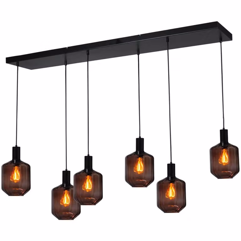 Masterlight Porto 6-lichts hanglamp - zwart met rood transparant glas