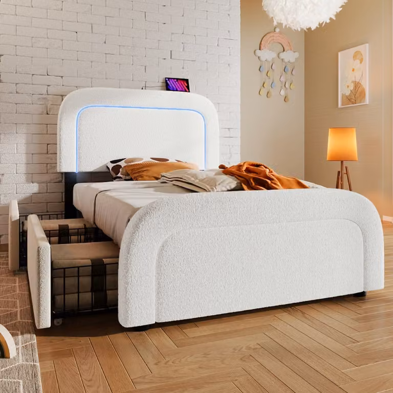 Wit gestoffeerd eenpersoonsbed 90x200 cm met 2 lades, LED-verlichting, USB en USB-C aansluitingen en verstelbaar hoofdbord