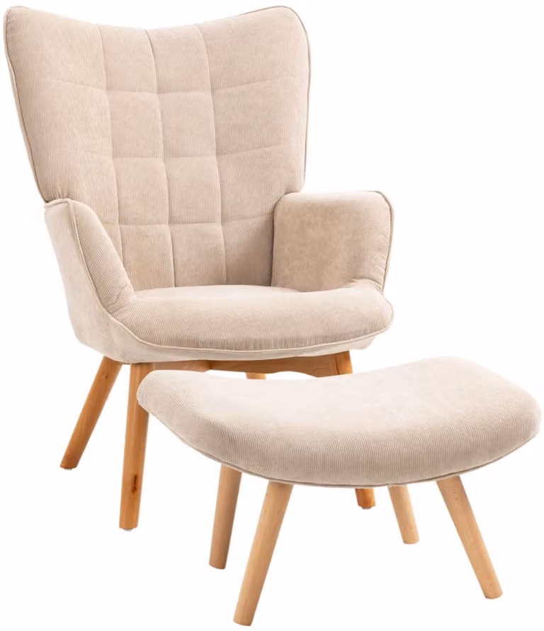 Glamour Relaxfauteuil met Voetenbank in Beige met Corduroy-look
