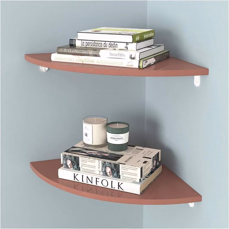 Set van 2 bruine PVC hoekplanken voor wandmontage als opbergrek voor in de woonkamer, slaapkamer, keuken of badkamer