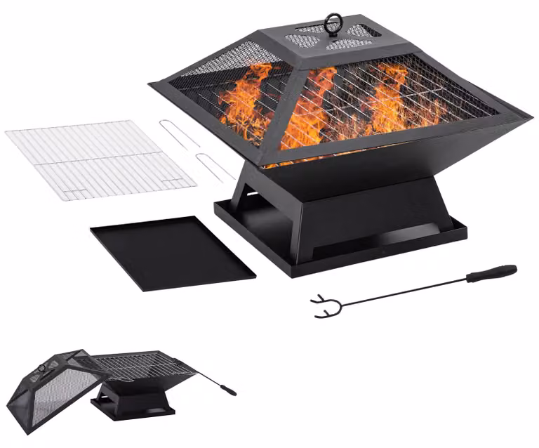 Outsunny vuurkorf met vonkenbescherming en grillrooster voor barbecues