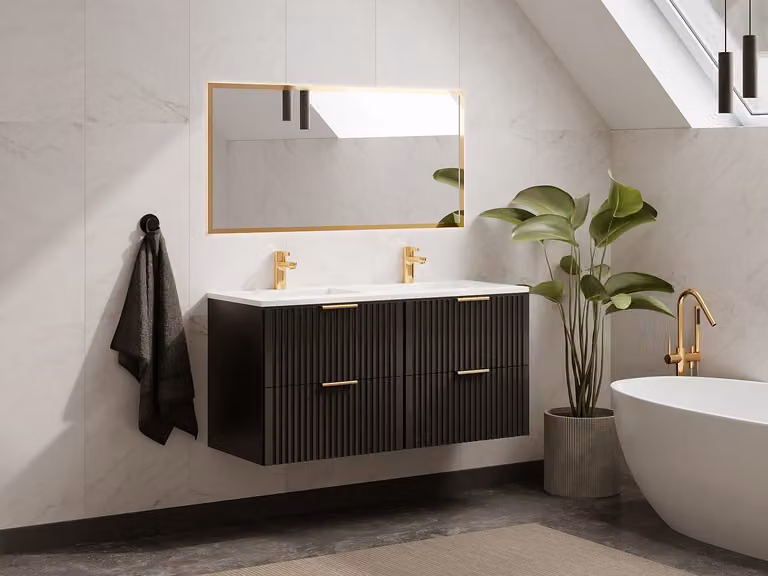 ZEVARA Geribbeld hangmeubel voor badkamer met inbouwwastafel en laden - Zwart - 120 cm