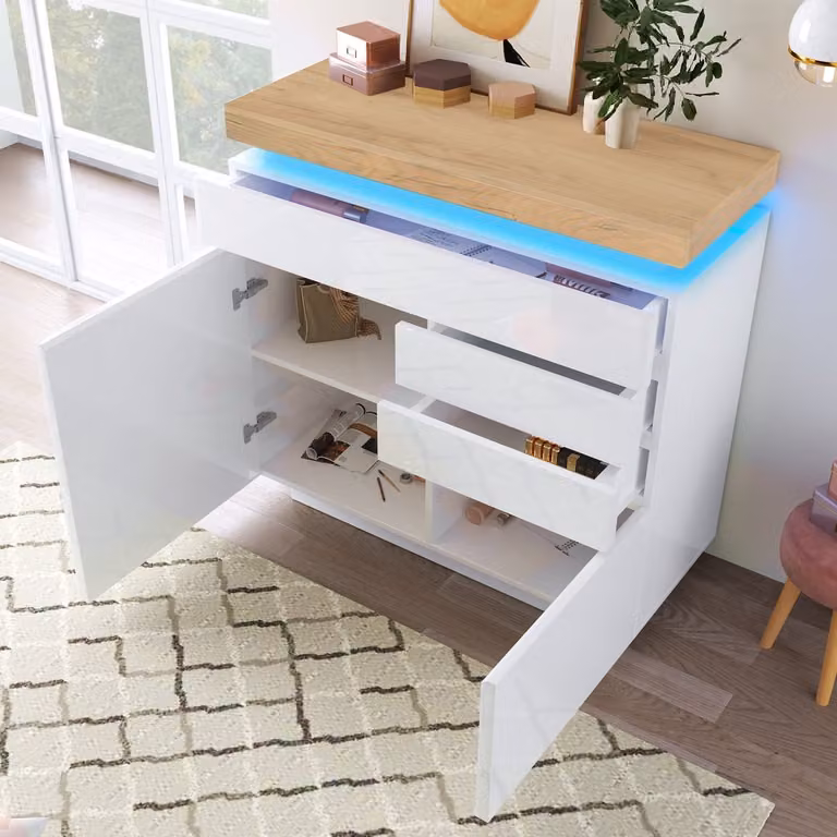Modern witte ladekast met 3 lades en geïntegreerde LED-verlichting B: 115 cm, H: 110 cm, D: 39 cm