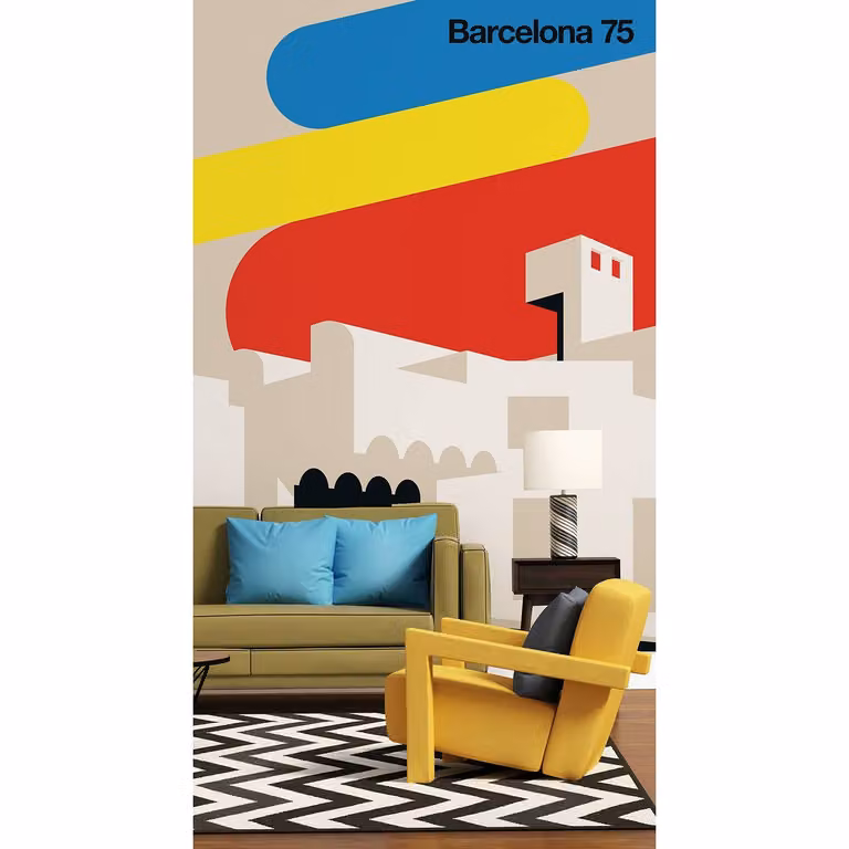 home24 Fotobehang Barcelona 75 Modern Abstract Multicolour Blauw Mica-vlies