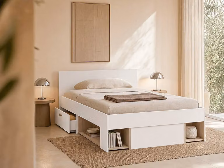 KINSELIA Bed met opbergruimte en lades, Wit en houteffect, B/D/H: 120 x 200 x 124 cm