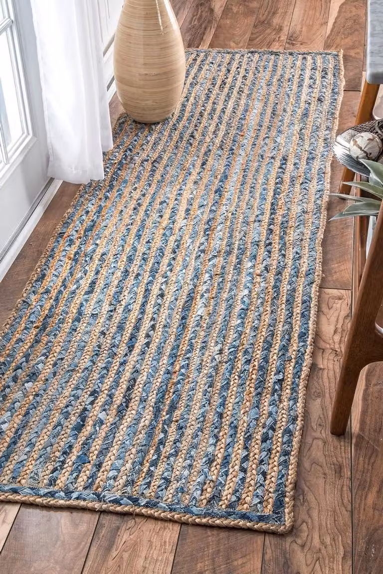 Gestreepte Jute en Katoen Tapijt - Blauw - Rechthoekig - Landelijke Stijl voor Woonkamer, Eetkamer of Keuken