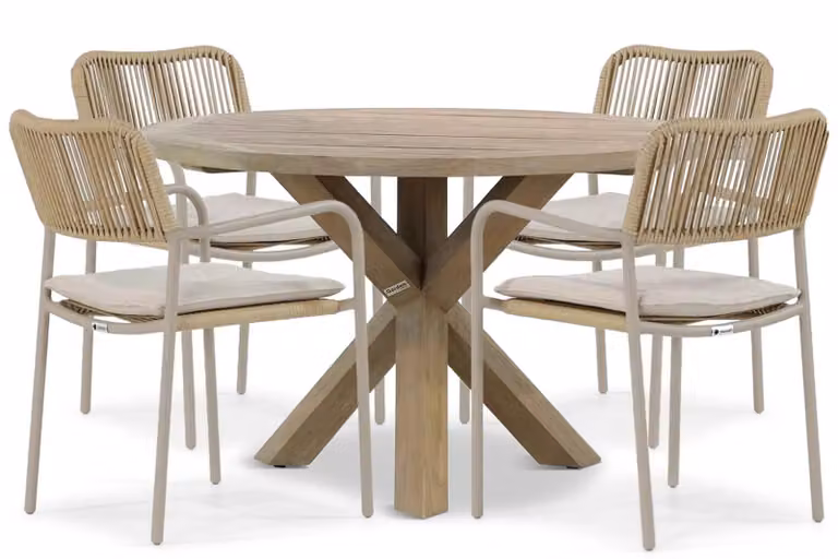 Coco Penya/Sand City 5-delige moderne tuinset met ronde tafel van behandeld hardhout in sand, brown en beige, Breedte: 120 cm