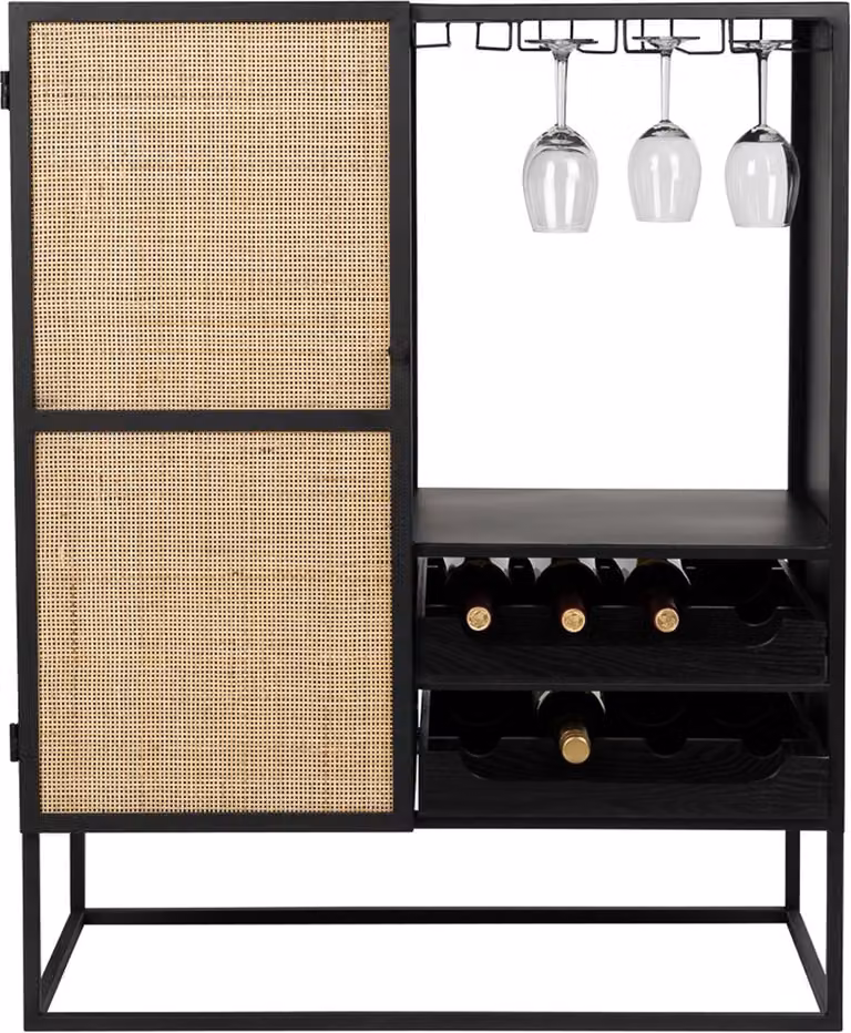 Housecraft Living Guuji Wijnkast met rotan en metaal - Zwart
