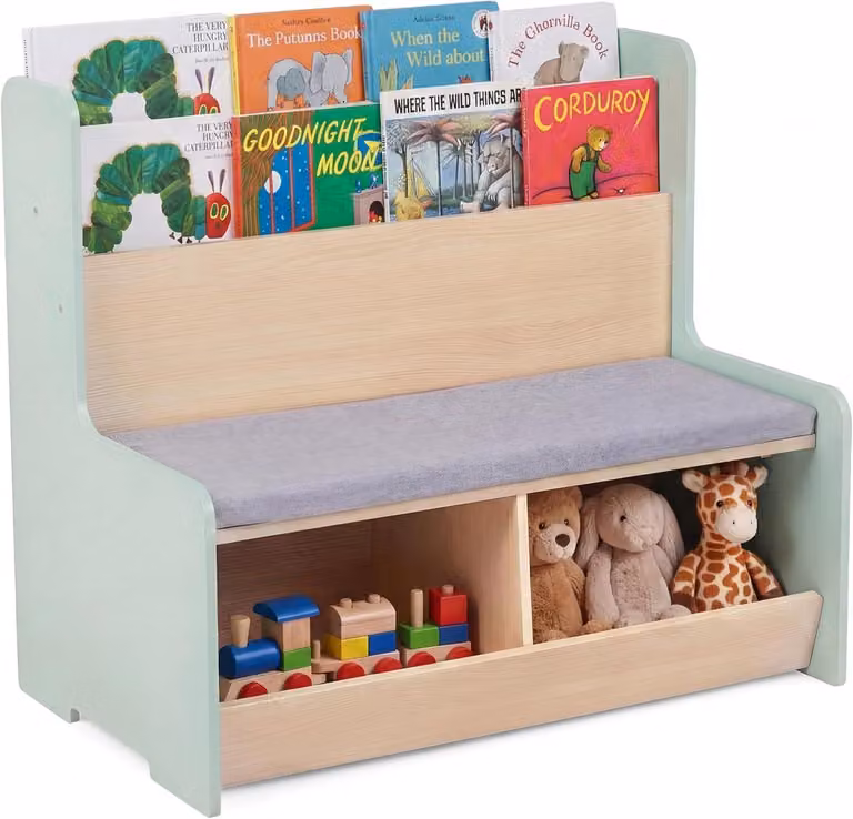 KOMFOTTEU 3-in-1 kinderzitbank met boekenkast en speelgoedrek - Houten kinderrek met 2 vakken en gevoerd kussen voor de kinderkamer of kleuterschool