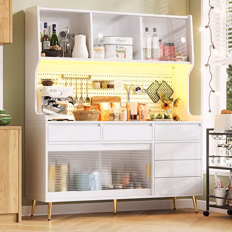Mivray Hoge Kast met Schuifdeuren en Ledverlichting in Wit voor Keuken en Woonkamer, B: 145 cm, D: 39 cm, H: 171 cm