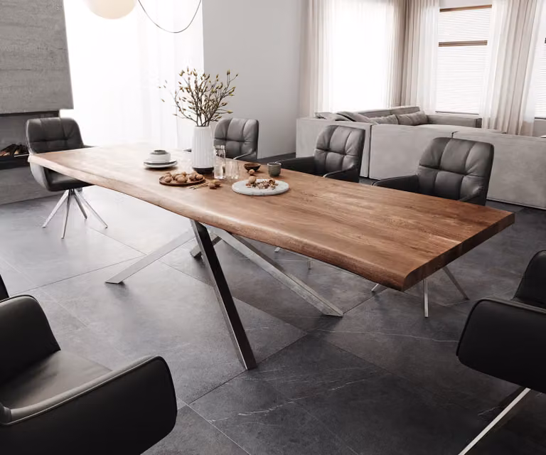 DELIFE Eettafel Edge XL, Acacia hout, Bruin, B/D/H: 300 x 100 x 75,5 cm, Rechthoekig met Live-Edge en Edelstaal X-frame