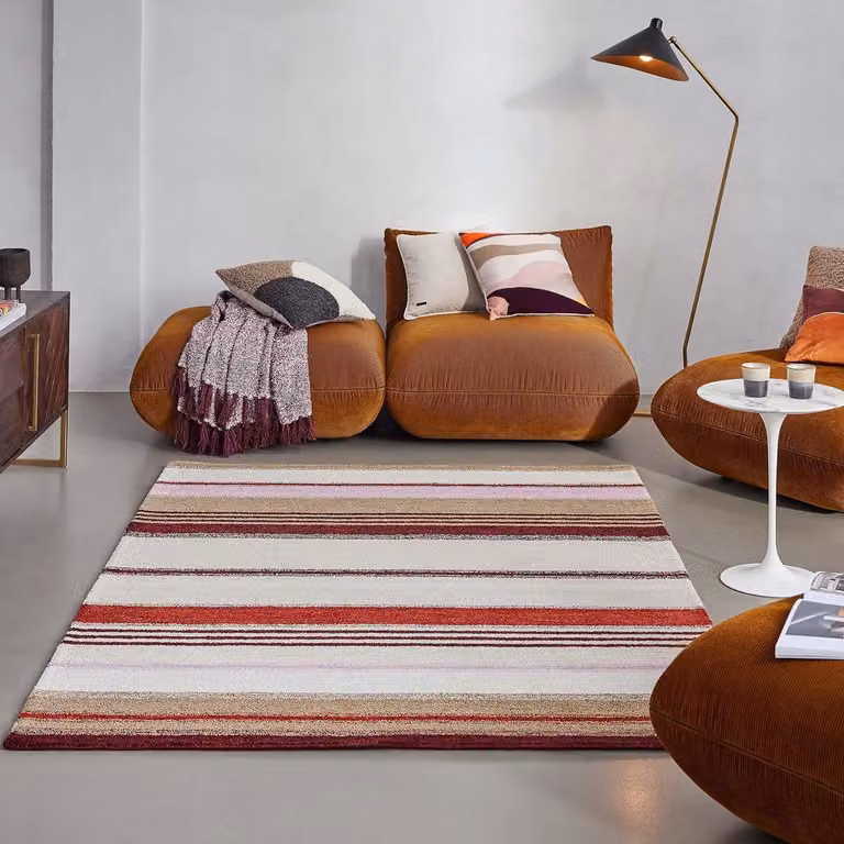 Modern gestreept geweven vloerkleed voor woonkamer of hal - Petrol Beige - 70 x 140 cm