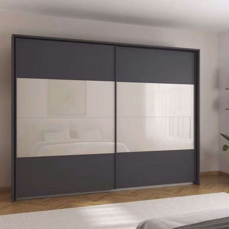 Budget Home Store Kledingkast Quadro met schuifdeuren Grijs Metallic/champagne glas, incl. 4 legplanken en 2 roedes, B: 226 cm, H: 229 cm