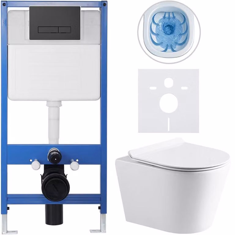 CERANO Complete inbouwtoiletset Lite/Norbi - Wit glanzend met mat zwarte Slim toiletknop - Voor wandmontage/gipsplaat - 48,5 x 36,5 cm