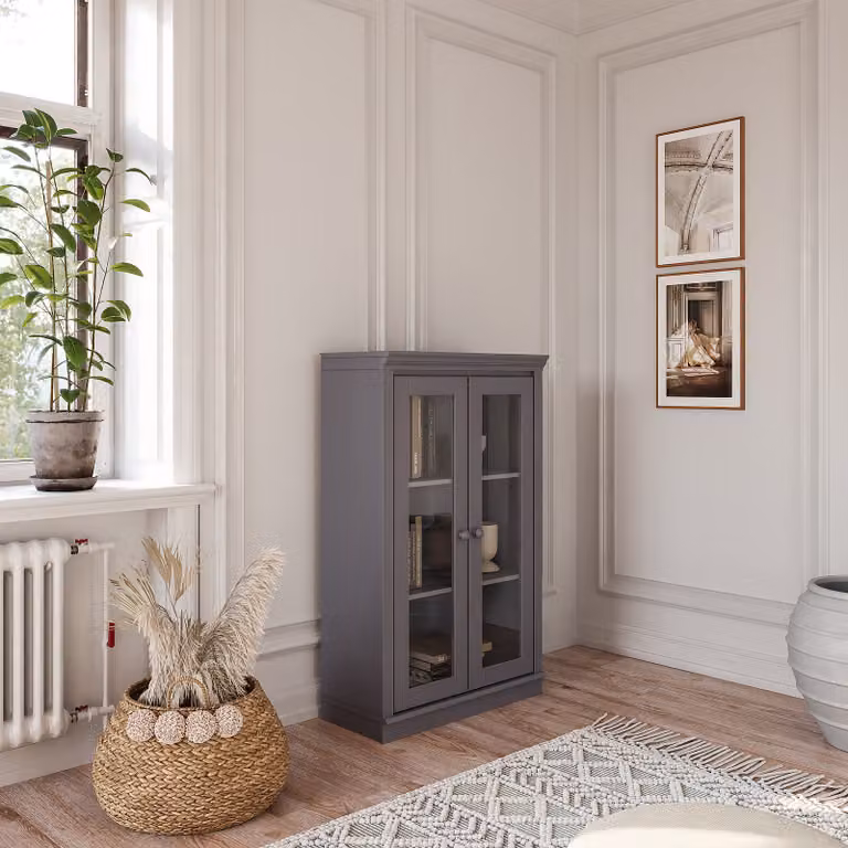 home24 Houten kast met glasdeur, grijs grenenhout, B/D/H: 119 x 37 x 74 cm