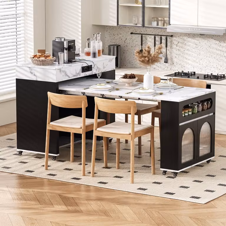 Keukeneiland op wielen met uittrekbare eettafel, lade en stopcontacten, zwart, B/D/H: 187,5 x 110,5 x 95,5 cm