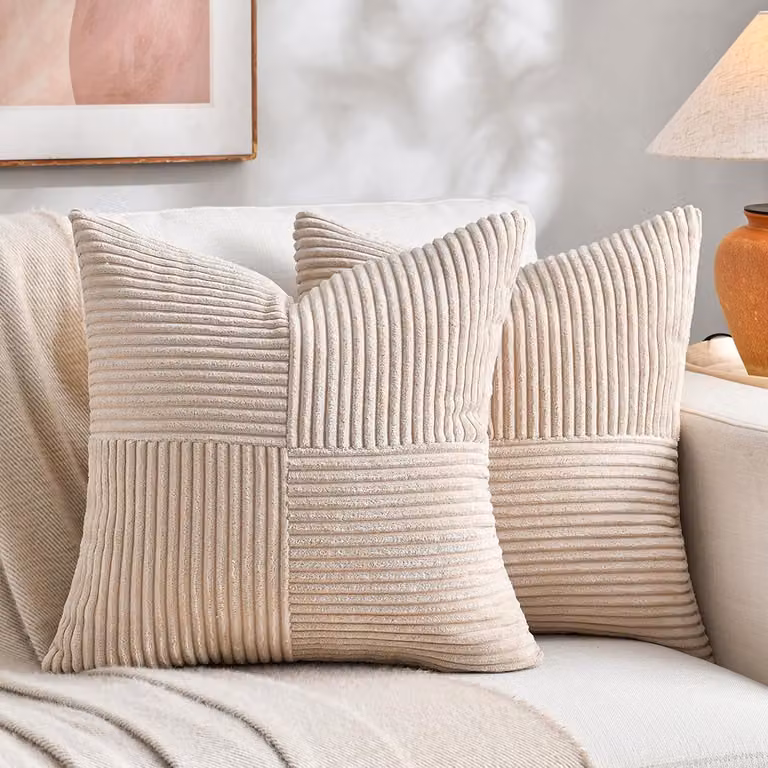 Set van 2 Sierkussens ideaal voor jouw Boho woonkamer, Lichtbruin Corduroy Patchwork, 40 x 40 cm