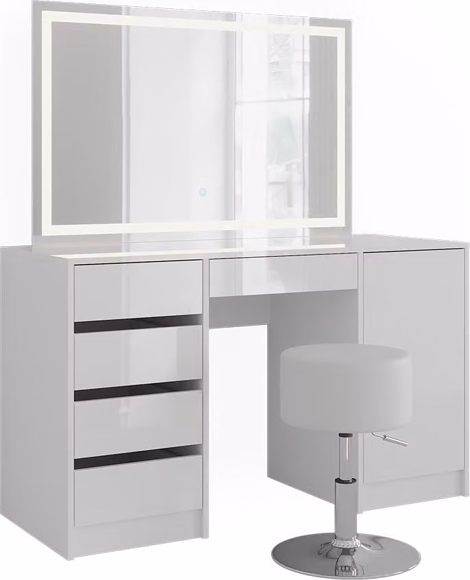 Vicco Kaptafel set met kruk Sherry Wit/Wit Hoogglans, Breedte: 128.2 cm, met LED-spiegel