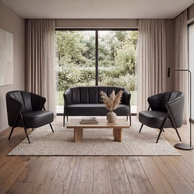 Mendler Woonkamerset HWC-P30 met 2-zits sofa en 2 fauteuils, zwart kunstleer en metalen frame, industriële stijl