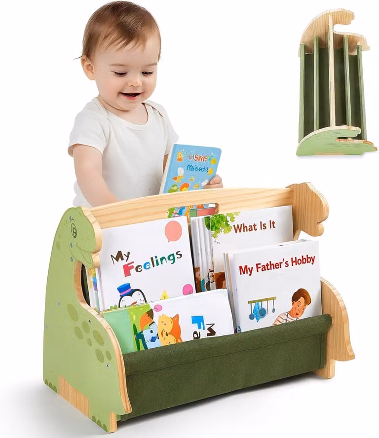 Groene Kinderboekenkast van Hout in Montessori Stijl met Canvas Boekenrek