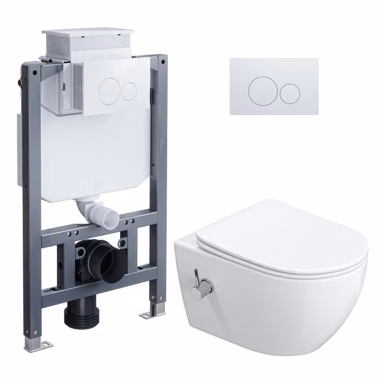 HOROW Complete douche-wc toiletset met inbouwreservoir van 82 cm, wandtoilet en witte ronde bedieningsknop
