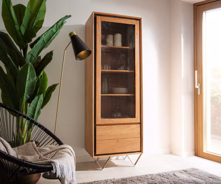 DELIFE Stonegrace Vitrinekast met glazen deuren, acacia natuur, B: 60 cm, D: 40 cm, H: 175 cm