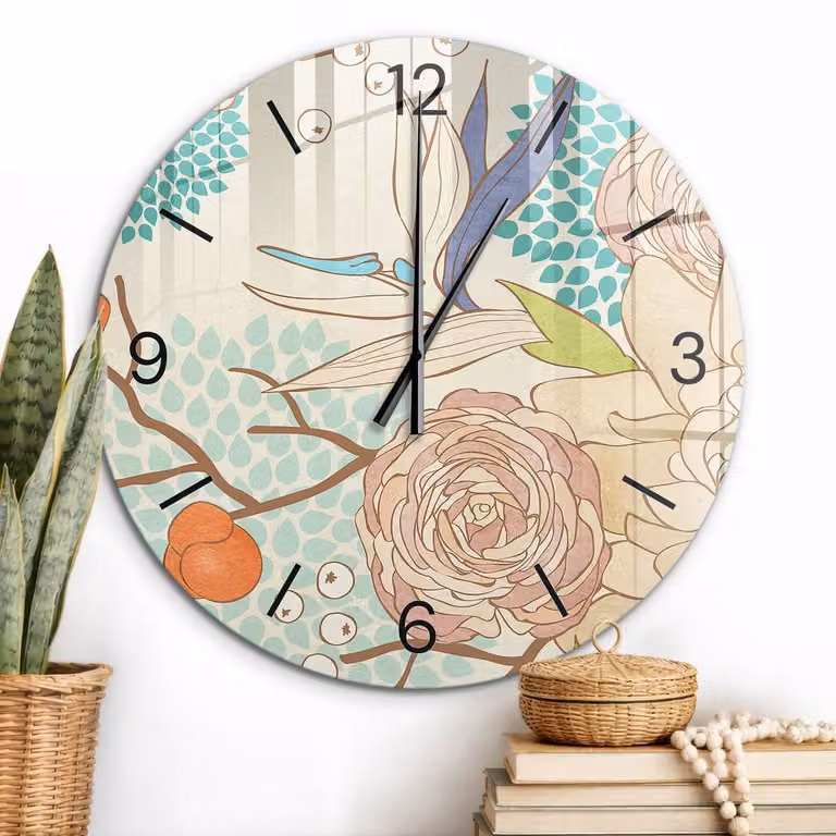 ArtPrintCave Romig Glazen Klok - Ronde Wandklok met Bloemig Design - Diameter: 60 cm