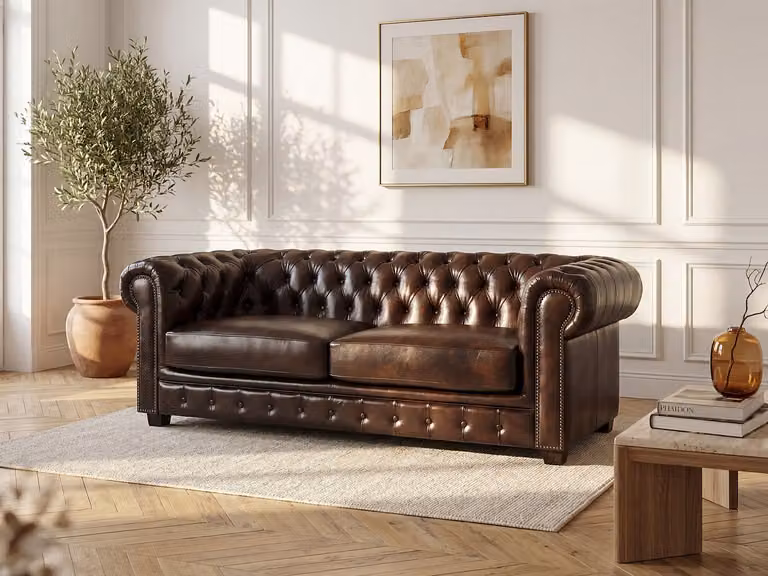 Chesterfield Driezitsbank BRENTON 100% buffelleer - Bruin - B: 201 cm, D: 96 cm, H: 73 cm