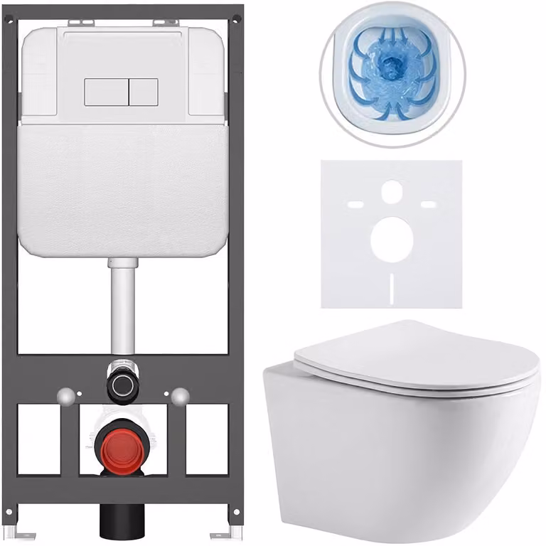 CERANO Toiletset met vloerplaat en Prime/Modulo bedieningsknop, glanzend wit en groen, voor wandmontage, 49 x 36 cm