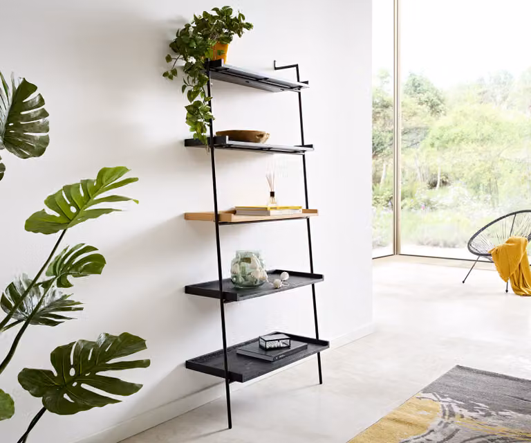DELIFE Boekenkast Mikkusu met 5 planken, Bamboe en Mango hout, Zwart en Beige, B/D/H: 80 x 36 x 185 cm