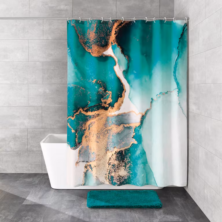 home24 Douchegordijn Teal polyester goud/wit/turquoise B: 180 cm, H: 200 cm