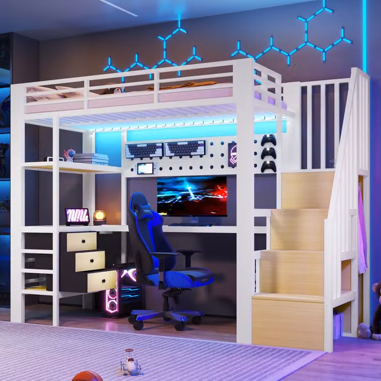 OKWISH Hoogslaper voor de jeugdkamer met bureau, stopcontact en lades, Wit, 90 x 200 cm