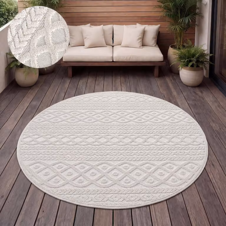 Paco Home Buitentapijt Scandinavische Boho-stijl, Rond, Effen Kleur, Diameter: 200 cm