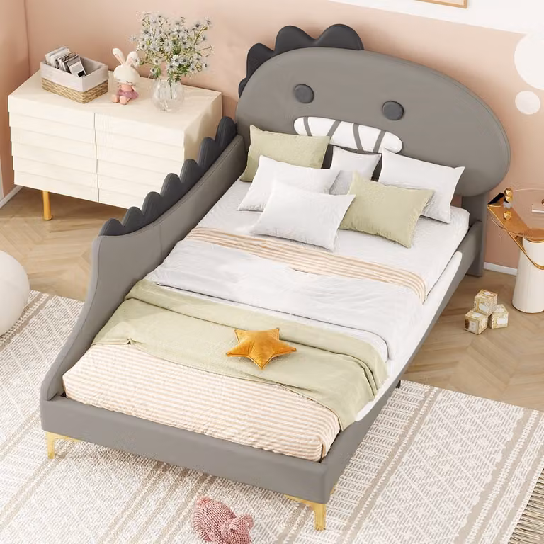 MIVRAY Kinderbed met Cartoon Dinosaurus Hoofdbord en Lattenbodem - Grijs - 90 x 200 cm