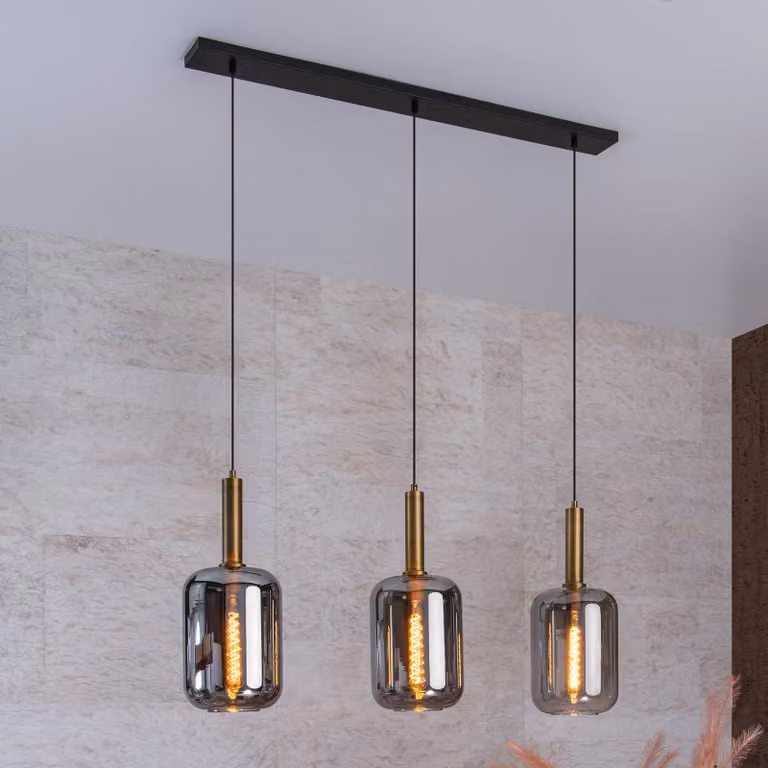 Lucide Joanet hanglamp met transparant glas en goud/messing afwerking, dimbaar en hoogte verstelbaar