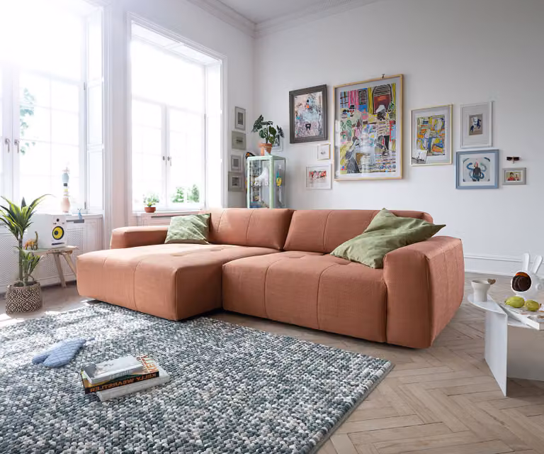 DELIFE Hoekbank Lazaro L-vormig met verstelbare zitdiepte en rugleuning, Oranje/Roze, B: 299 cm x D: 161 cm