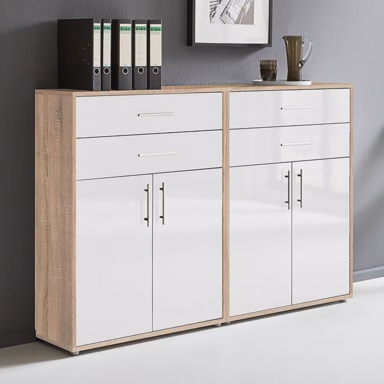 home24 Kastenset 2-delig B, Bruin/Sonoma eikenhout en Hoogglans Wit, B/D/H: 85 x 114 x 33 cm