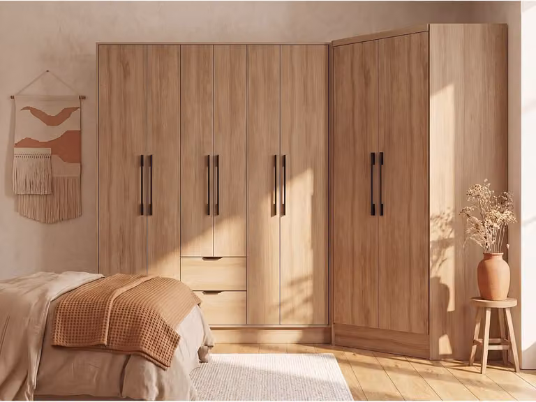 FEOVA Moderne Hoekkast met 8 Deuren en 2 Lades in Houteffect - Bruin/Beige - B: 263 cm, H: 182 cm, D: 60 cm