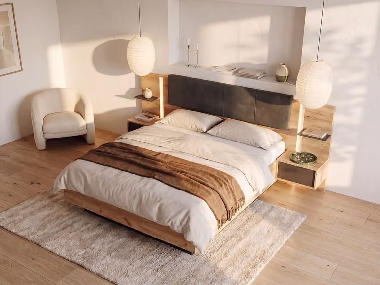 ELYNIA modern bed met opbergruimte en ledverlichting, houteffect en antraciet, 160 x 200 cm
