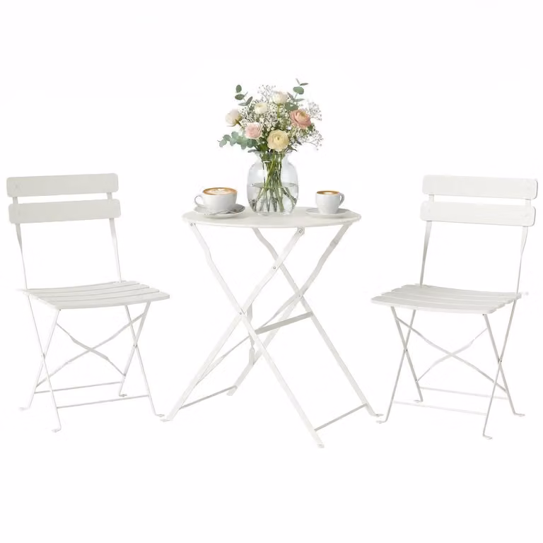 3-delige bistroset voor in de tuin met tafel en 2 inklapbare lattenstoelen, crèmekleurig