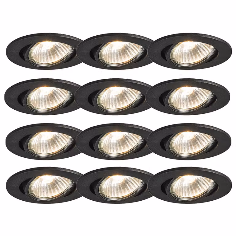 Set van 12 Qazqa inbouwspots zwart, dimbaar en kantelbaar, aluminium met glas